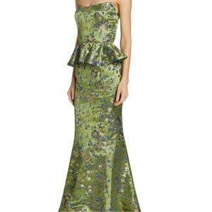 Marchesa Floral Green Strapless Midi Dress